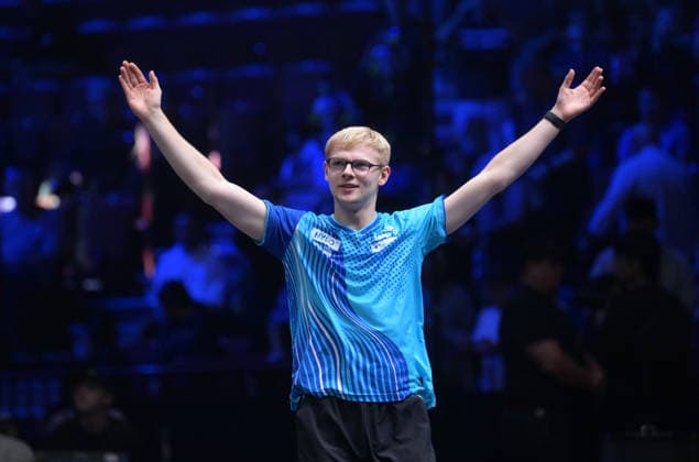 (260817) -- MALMO, Aug. 17, 2026 -- Felix Lebrun of France celebrates after winning the men s singles final match between Felix Lebrun of France and Harimoto Tomokazu of Japan at the WTT Europe Smash Sweden 2026 in Malmo, Sweden, Aug. 16, 2026. ) (SP)SWEDEN-MALMO Table tennis, Tischtennis WTT EUROPE SMASH 2026-MEN SINGLES WengxXinyang 