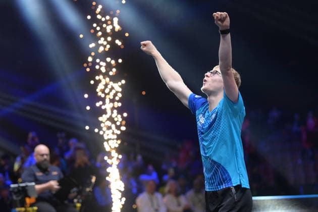 (260817) -- MALMO, Aug. 17, 2026 -- Felix Lebrun of France celebrates after winning the men s singles final match between Felix Lebrun of France and Harimoto Tomokazu of Japan at the WTT Europe Smash Sweden 2026 in Malmo, Sweden, Aug. 16, 2026. ) (SP)SWEDEN-MALMO Table tennis, Tischtennis WTT EUROPE SMASH 2026-MEN SINGLES WengxXinyang 