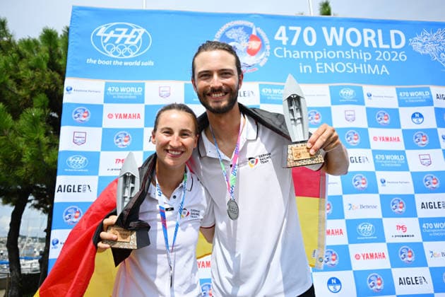 Theresa Lffler & Christopher Hoerr (GER), AUGUST 17, 2026 - Sailing : 2026 470 Class World Championship, WM, Weltmeisterschaft Mixed 470 SeriesAward ceremony at Enoshima Yacht Harbour in Kanagawa, Japan. Noxthirdxpartyxsales  aflo_341225445 KenjiroxMatsuox