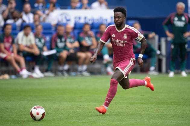 Vinicius JUNIOR (Real Madrid) Aktion, Einzelaktion Fussball Freundschaftsspiel FC Schalke 04 - Real Madrid 0-3 am 16.08.2026 in der Veltins-Arena Gelsenkirchen Deutschland. DFL regulations prohibit any use of photographs as image sequences and or quasi-video Â *** Vinicius JUNIOR, Real Madrid play, individual play, soccer friendly match: FC Schalke 04 vs. Real Madrid 0–3 on August 16, 2026, at the Veltins Arena in Gelsenkirchen, Germany. DFL regulations prohibit any use of photographs as image sequences and or quasi-video.
