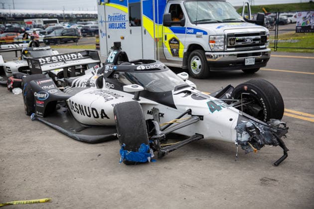 2026 Ontario Honda Dealers Indy At Markham - Race Louis Foster s damaged car ( 45) at the 2026 Ontario Honda Dealers Indy at Markham in Markham, Ontario, on August 16, 2026. Markham Canada  Copyright: xMathewxKox originalFilename:ko-notitle260816_npBlk.jpg