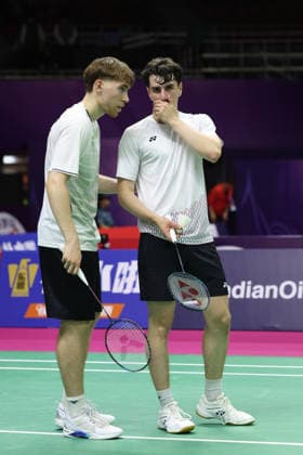 Simon Krax of Germany and Jonathan Dresp of Germany in action during the BWF World Championships 2026 at Indira Gandhi Indoor Stadium, in New Delhi on August 17, 2026. New Delhi India Copyright: xAnshumanxAkashx