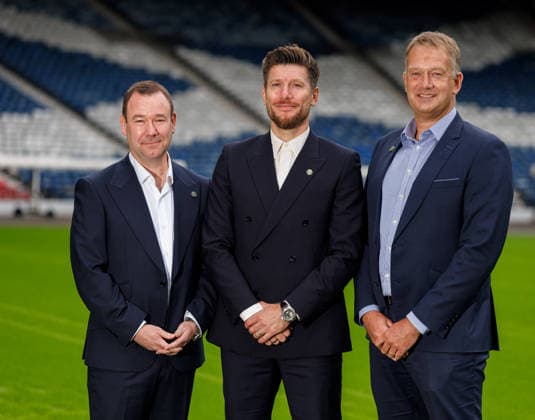 17.08.2026 New Scotland manager: Sébastien Pocognoli appointed new Scotland manager at Hampden Park today with Craig Mulholland and Ian Maxwell of the SFA  Copyright: xWilliexVassx NINTCHDBPICT001101817079
