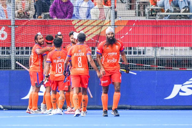 2026-08-17 India v England - FIH Hockey World Cup AMSTELVEEN, NETHERLANDS - AUGUST 17: Players of Iindia celebrating a goal during the FIH Hockey World Cup match between India and England at Wagener Stadion on August 17, 2026 in Amstelveen, Netherlands. Amstelveen Wagener Stadion Netherlands Content not available for redistribution in The Netherlands directly or indirectly through any third parties. Copyright: xAndrexWeeningx