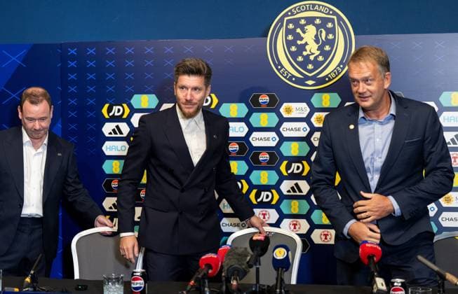 SFA Chief Football Officer Craig Mulholland, Scotland Men s Team Manager Sebastien Pocognoli & SFA Chief Executive Ian Maxwell. New Scotland Manager Sebastien Pocognoli press conference, PK, Pressekonferenz Football, Barclays Hampden Stadium, Glasgow, Scotland, UK - 17 Aug 2026Glasgow Barclays Hampden Scotland United Kingdom  Copyright: xStuartxWallace Shutterstockx 17103705ao