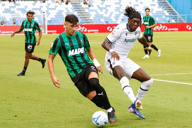 IPA87579824 - Cristian Volpato (Sassuolo) and Xavello Druiventak (Cesena) during the 2026–2027 Frecciarossa Italian Cup soccer match between Sassuolo and Cesena at the Mapei Stadium in Reggio Emilia, Italy on August 17, 2026, during the US Sassuolo vs. Cesena FC Italian Coppa Italia soccer match in Reggio Emilia, Italy, on August 17, 2026  Copyright: xLucaxDiliberto IPAxSportx xx 87579824