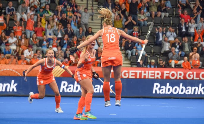 Joosje Burg (16 Netherlands Hockey Team) scores and celebrate with Freeke Moes (18 Netherlands Hockey Team) but goal was not fair during the FIH World Cup game between Australia and Netherlands at Wagener stadion, Amstelveen, Netherlands.  Copyright: xArnexvanxderxBenx xSPPx Sportspressphoto_SPR210390