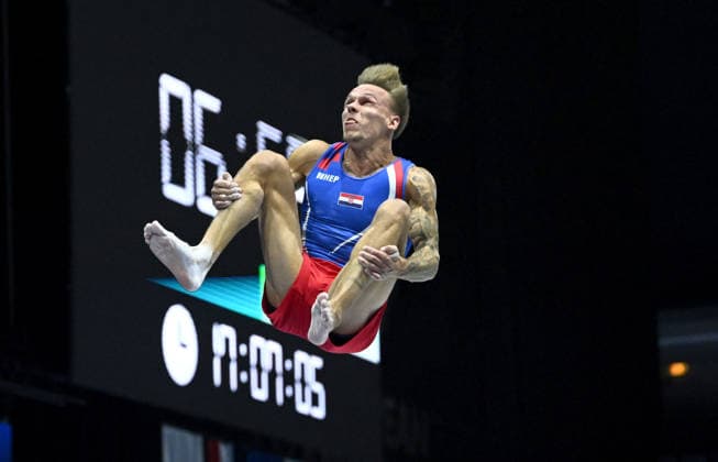 Media Day of Croatia Men s gymnastics team Aurel Benovic of Croatia performs on the vault during a media day ahead of the 37th European Championships in Men™s Artistic Gymnastics at Arena Zagreb on August 17, 2026., in Zagreb, Croatia.  MarkoxLukunic PIXSELL