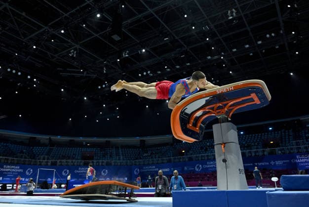 Media Day of Croatia Men s gymnastics team Ilia Kovtun of Croatia performs on the vault during a media day ahead of the 37th European Championships in Men™s Artistic Gymnastics at Arena Zagreb on August 17, 2026., in Zagreb, Croatia.  MarkoxLukunic PIXSELL