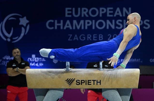 Media Day of Croatia Men s gymnastics team Filip Ude of Croatia performs on the pommel horse during a media day ahead of the 37th European Championships in Men™s Artistic Gymnastics at Arena Zagreb on August 17, 2026., in Zagreb, Croatia.  MarkoxLukunic PIXSELL