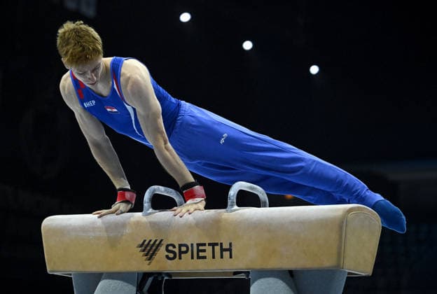 Media Day of Croatia Men s gymnastics team Marko Jovicic of Croatia performs on the pommel horse during a media day ahead of the 37th European Championships in Men™s Artistic Gymnastics at Arena Zagreb on August 17, 2026., in Zagreb, Croatia.  MarkoxLukunic PIXSELL