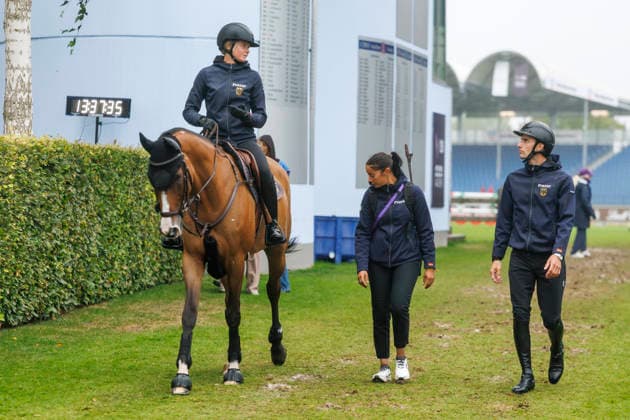 AACHEN - FEI World Championships 2026, AACHEN - FEI World Championships 2026 HINNERS Sophie (GER), Iron Dames Singclair, VOGEL Richard (GER), HSSEIN Valentine (Groom) FEI Jumping World Championship, WM, Weltmeisterschaft Familiarization Aachen, Reitstadion Soers 18. August 2026 - *** 2026 FEI World Championships in Aachen, AACHEN FEI World Championships 2026: Sophie Hinners (GER), Iron Dames Singclair; Richard Vogel (GER); Valentine Hossein (Groom), FEI Jumping World Championship Familiarization Event in Aachen, Soers Equestrian Stadium, August 18, 2026