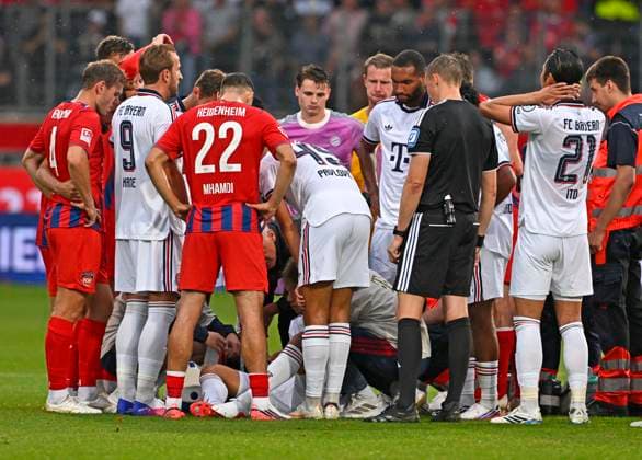 18.08.2026, Fussball Bundesliga 2026 2027, Testspiel, 1.FC Heidenheim - FC Bayern München, in der Voith-Arena Heidenheim, Jamal Musiala (Bayern München) am Boden *** August 18, 2026, 2026–2027 Bundesliga, Friendly Match, 1. FC Heidenheim vs. FC Bayern Munich, at the Voith Arena in Heidenheim, Jamal Musiala of Bayern Munich on the ground