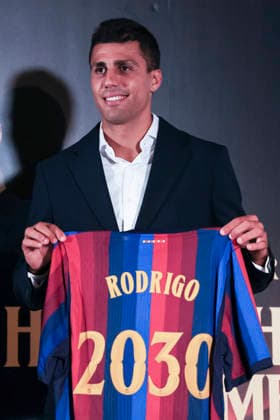 August 18, 2026, Barcelona, Barcelona, SPAIN: Rodrigo Hernandez poses in her FC Barcelona, Barca shirt during his presentation as new player of FC Barcelona at Commercial Office on August 18, 2026 in Barcelona, Spain. Barcelona SPAIN - ZUMAa181 20260818_zaa_a181_052 Copyright: xJavierxBorregox
