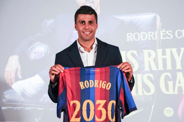 August 18, 2026, Barcelona, Barcelona, SPAIN: Rodrigo Hernandez poses in her FC Barcelona, Barca shirt during his presentation as new player of FC Barcelona at Commercial Office on August 18, 2026 in Barcelona, Spain. Barcelona SPAIN - ZUMAa181 20260818_zaa_a181_059 Copyright: xJavierxBorregox