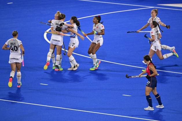 The Red Panthers celebrate after scoring during a Field hockey, Feldhockey game between Belgian national team, Nationalteam Red Panthers and Spain during the group stage of the women s 2026 Hockey World Cup, on Tuesday 18 August 2026, in Wavre. The 2026 edition of the Hockey World Cup takes place in Belgium and The Netherlands from August 15 to August 30. DIRKxWAEM  x183714449x