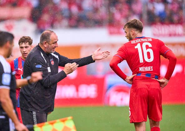 Frank SCHMIDT, HDH headcoach, Julian Niehues of Heidenheim at the friendly match 1.FC Heidenheim - FC Bayern München on August 18, 2026 in Heidenheim, Germany Season 2026 2027, FCB,