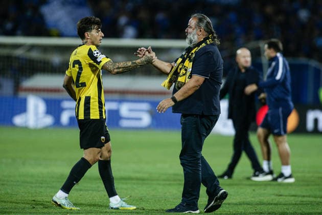 IPA87604804 - AEK owner Marios Iliopoulos on the field with Lazaros Rota after the Champions League playoff match between PFC Levski Sofia and AEK Athens FC at Vasil Levski Stadium in Sofia, Bulgaria, on August 18, 2026  Copyright: xIvanxSxIvanov IPAxSportx xx 87604804