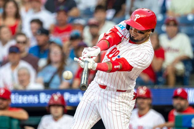 Philadelphia Phillies Luis Arraez hits a single in the first inning of a baseball game against the Miami Marlins, Tuesday, Aug. 18, 2026, in Philadelphia, Pennsylvania.  PHI20260818002 LaurencexKesterson