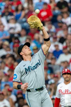 Miami Marlins right fielder Griffin Conine catches a fly from Philadelphia Phillies J.T. Realmuto during the second inning of a baseball game, Tuesday, Aug. 18, 2026, in Philadelphia, Pennsylvania.  PHI20260818007 LaurencexKesterson