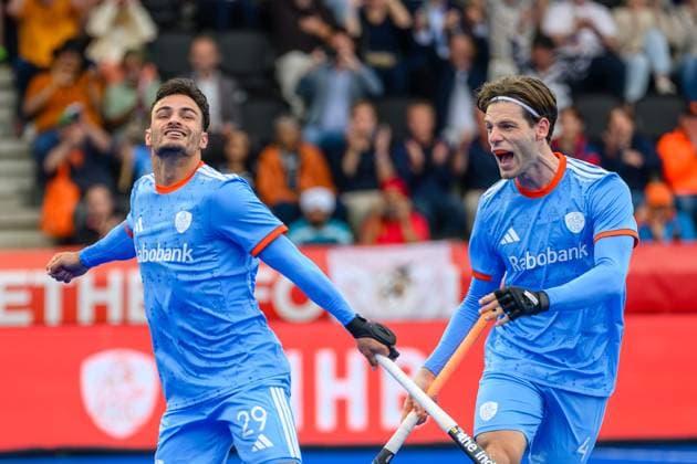 AMSTELVEEN, 18-08-2026, Wagener Stadion, FIH Hockey World Cup 2026 Men, 2026. Tijmen Reyenga and Lars Balk celebrating the goal scored during the game Argentina - Netherlands (men). Argentina - Netherlands (men)  x205844014x Copyright: