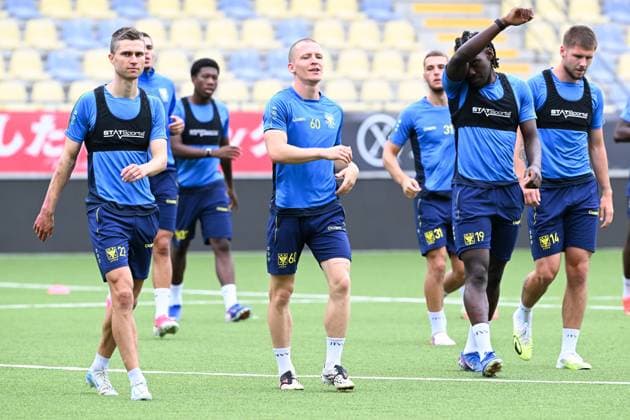 STVV s players pictured in action during a training session of Belgian soccer team Sint-Truidense V.V., Wednesday 19 August 2026 in Sint-Truiden, in preparations of the first leg of the play-off round for the UEFA Europa League league phase, against Cypriot team AC Omonoia Nicosia. JILLxDELSAUX  x183761777x