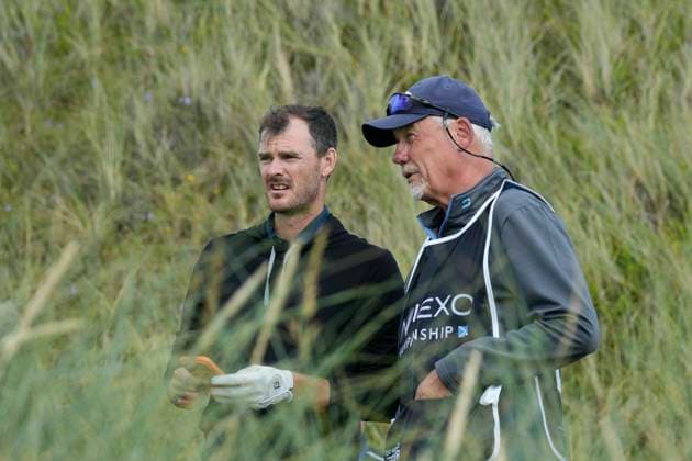 BALMEDIE, SCOTLAND - AUG 19: Jamie Murray, former Tennis player speaks with his caddie on the 2nd tee during the Pro-Am at the 2026 Nexo Championship at the Trump International Golf Links, Balmedie on August 19, 2026 in Aberdeenshire, Scotland The 2026 Nexo Championship