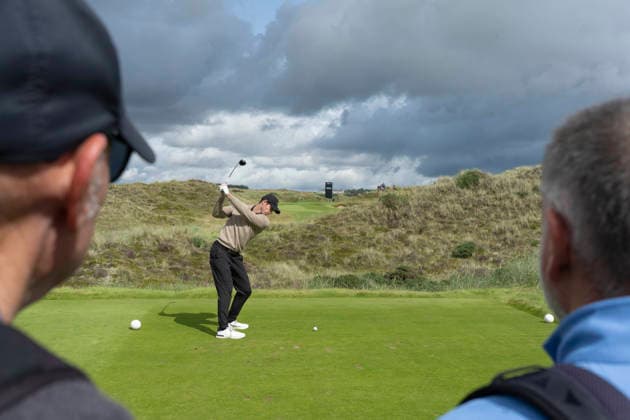 BALMEDIE, SCOTLAND - AUG 19: Andy Murray, former tennis player, plays from the seventh tee during the Pro-Am at the 2026 Nexo Championship at the Trump International Golf Links, Balmedie on August 19, 2026 in Aberdeenshire, Scotland The 2026 Nexo Championship