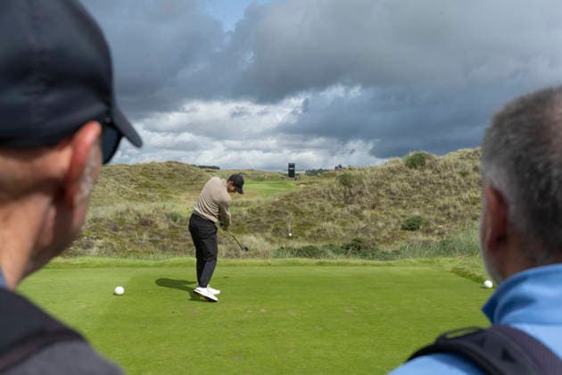 BALMEDIE, SCOTLAND - AUG 19: Andy Murray, former tennis player, plays from the seventh tee during the Pro-Am at the 2026 Nexo Championship at the Trump International Golf Links, Balmedie on August 19, 2026 in Aberdeenshire, Scotland The 2026 Nexo Championship