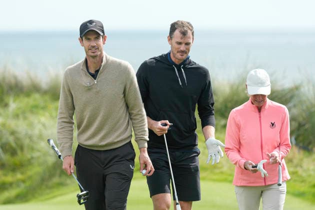 BALMEDIE, SCOTLAND - AUG 19: Andy and Jamie Murray walks from the 6th tee during the Pro-Am at the 2026 Nexo Championship at the Trump International Golf Links, Balmedie on August 19, 2026 in Aberdeenshire, Scotland The 2026 Nexo Championship