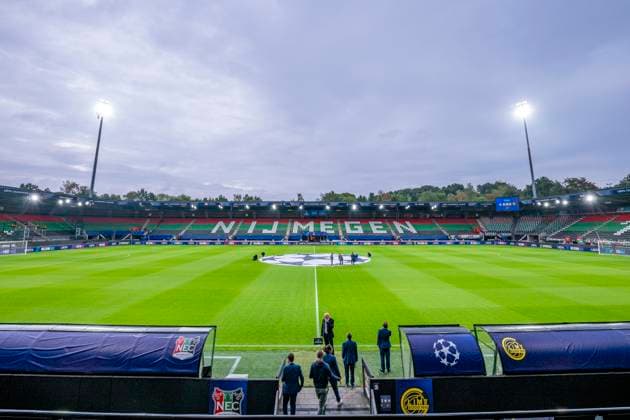 NIJMEGEN - Stadion overzicht met de Champions League branding tijdens de UEFA Champions League wedstrijd tussen N.E.C. en FC Bodo Glimt in Gofferpark op 19 augustus 2026 in Nijmegen, Nederland. - *** Overview of the Nijmegen Stadium featuring Champions League branding during the UEFA Champions League match between NEC and FC Bodo Glimt at Gofferpark on August 19, 2026, in Nijmegen, the Netherlands