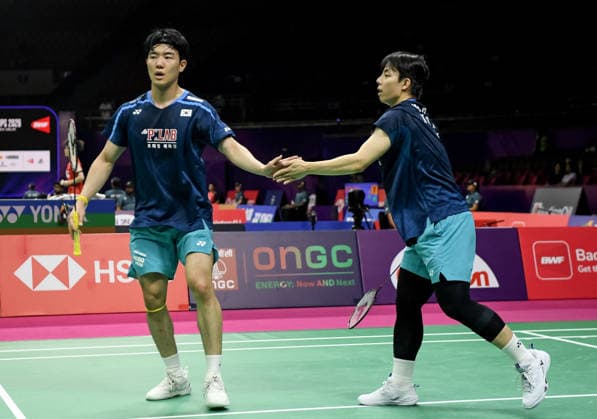 BWF World Championship, WM, Weltmeisterschaft 2026, India vs Korea, men™s doubles New Delhi, Aug 19 (ANI): South Korea s Kang Min-hyuk and Ki Dong-ju in action during the men™s doubles Round of 32 match against India s M R Arjun and Hariharan Amsakarunan at the BWF World Championship 2026 at Indira Gandhi Indoor Stadium, in New Delhi on Wednesday. NEW DELHI Delhi India Copyright: xANIx ANI_20260819274