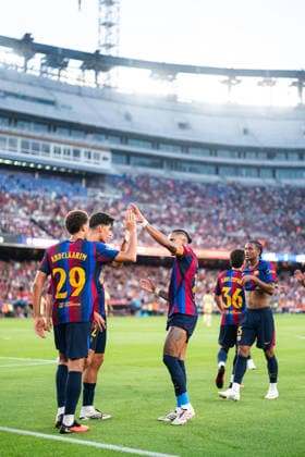 Joan Gamper Trophy between FC Barcelona, Barca and Al-Ahly in Barcelona, Spain. FC Barcelona player (29) Hamza Abdelkarim celebrates his score during Joan Gamper trophy match between FC Barcelona and Al-Ahly in Spotify Camp Nou, Barcelona, Spain, on August 19, 2026. Barcelona Spotify Camp Nou Barcelona Spain