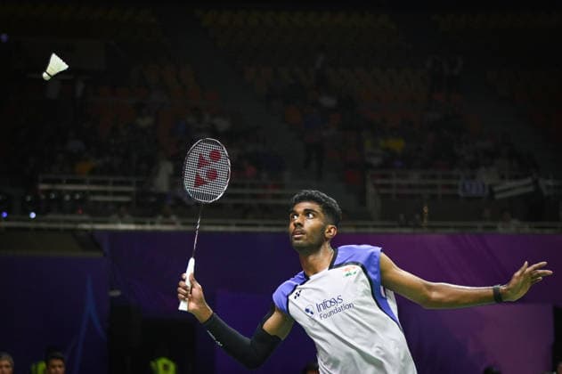 NEW DELHI, INDIA - AUGUST 19: India™s Ayush Shetty returns a shot against Sri Lanka™s Dumindu Abeywickrama during their men™s singles Round of 32 match on day three of the BWF World Championships 2026 at the Indira Gandhi Indoor Stadium on August 19, 2026 in New Delhi, India. (Photo by Sanchit Khanna Hindustan Times) BWF World Championships 2026
