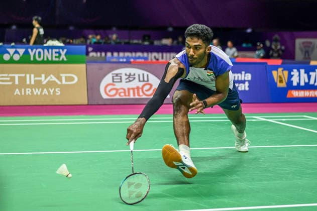 NEW DELHI, INDIA - AUGUST 19: India™s Ayush Shetty returns a shot against Sri Lanka™s Dumindu Abeywickrama during their men™s singles Round of 32 match on day three of the BWF World Championships 2026 at the Indira Gandhi Indoor Stadium on August 19, 2026 in New Delhi, India. (Photo by Sanchit Khanna Hindustan Times) BWF World Championships 2026