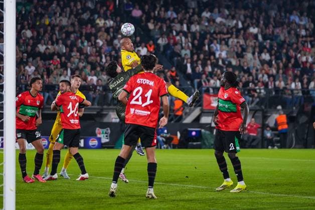 NIJMEGEN , 19-08-2026 , Stadium De Goffert , season 2026 2027 , UEFA Champions League play-offs 1st leg football , match between NEC Nijmegen and Bodo Glimt , picture shows goal attempt by Bodo Glimt player Andreas Helmersen NEC - Bodo Glimt  x205853837x Copyright: