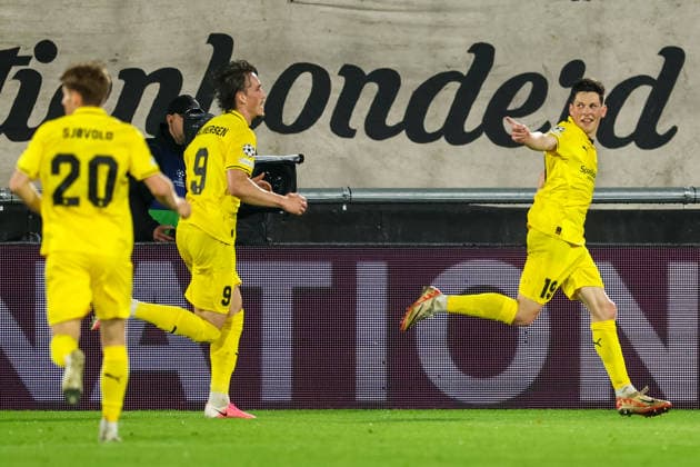 NIJMEGEN, NETHERLANDS - AUGUST 19: Sondre Brunstad Fet of FK Bodo Glimt celebrates after scoring his team s first goal during the UEFA Champions League 2026 27 play-offs first leg match between N.E.C. Nijmegen and FK Bodo Glimt at Goffertstadion on August 19, 2026 in Nijmegen, Netherlands.  Copyright: xRenexNijhuis MBxMediax