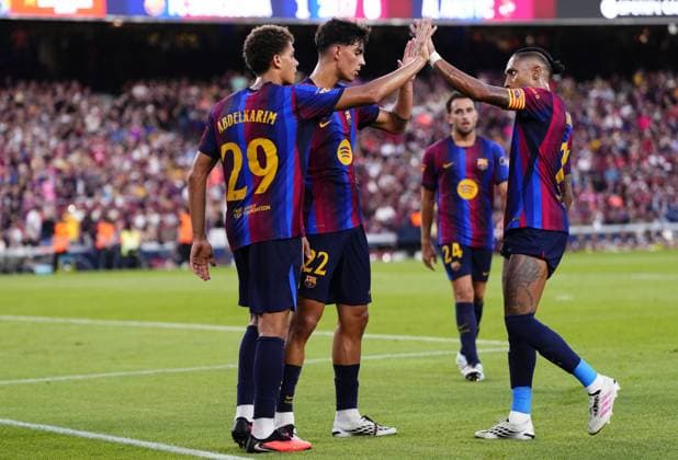 FC Barcelona, Barca v Al Ahly - Joan Gamper Trophy BARCELONA, SPAIN - AUGUST 19: Hamza Abdelkarim centre-forward of Barcelona celebrates after scoring his sides first goal during the Joan Gamper Trophy between FC Barcelona and Al Ahly SC at Spotify Camp Nou on August 19, 2026 in Barcelona, Spain. Jose Hernandez Anadolu Barcelona Spain. Editorial use only. Please get in touch for any other usage.  Copyright: x2026xAnadoluxJosexHernandezx