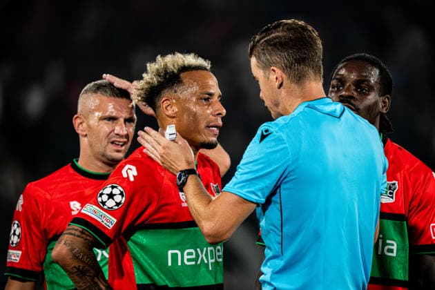 2026-08-19 NEC Nijmegen v FK Bodo Glimt - UEFA Champions League 2026 27 Play-Offs First Leg NIJMEGEN, NETHERLANDS - AUGUST 19: referee Francois Letexier talking to Tjaronn Chery of NEC Nijmegen during the UEFA Champions League 2026 27 Play-Offs First Leg match between NEC Nijmegen and FK Bodo Glimt at Goffertstadium on August 19, 2026 in Nijmegen, Netherlands. (Photo by Gabriel Calvino Alonso BSR Agency) Nijmegen Netherlands Content not available for redistribution in The Netherlands directly or indirectly through any third parties. Copyright: xBSRxAgencyx