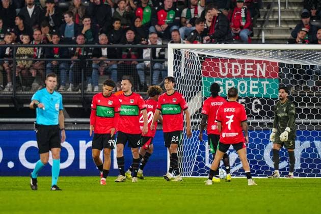 NIJMEGEN , 19-08-2026 , Stadium De Goffert , season 2026 2027 , UEFA Champions League play-offs 1st leg football , match between NEC Nijmegen and Bodo Glimt , picture shows disappointed NEC players during the match NEC - Bodo Glimt  x205855435x Copyright: