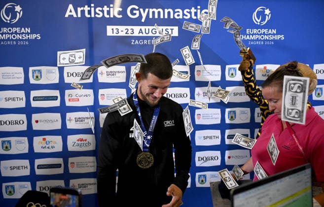 37th European Championships and 15th European Junior Championships in MenÂ s Artistic Gymnastics Gold medalist Illia Kovtun of Croatia pose during the medal ceremony for All-Around Final on day 1 of the 2026 Men s Artistic Gymnastics European Championships at Arena Zagreb on August 19, 2026 in Zagreb, Croatia.  MarkoxLukunic PIXSELL