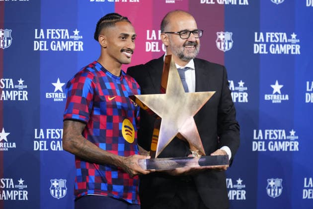 FC Barcelona, Barca v Al Ahly - Joan Gamper Trophy BARCELONA, SPAIN - AUGUST 19: Raphinha right winger of Barcelona and Brazil poses with MVP trophy after the Joan Gamper Trophy between FC Barcelona and Al Ahly SC at Spotify Camp Nou on August 19, 2026 in Barcelona, Spain. Jose Hernandez Anadolu Barcelona Spain. Editorial use only. Please get in touch for any other usage.  Copyright: x2026xAnadoluxJosexHernandezx