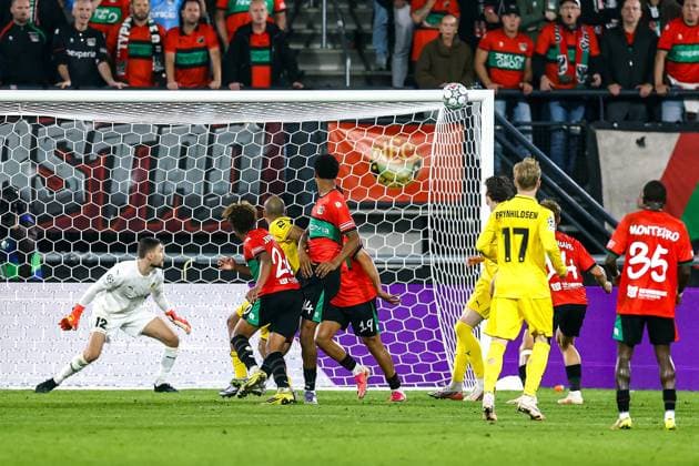 NIJMEGEN , 19-08-2026 , Stadium De Goffert , season 2026 2027 , UEFA Champions League play-offs 1st leg football , match between NEC Nijmegen and Bodo Glimt , picture shows goal attempt by NEC player NEC - Bodo Glimt  x205855783x Copyright:
