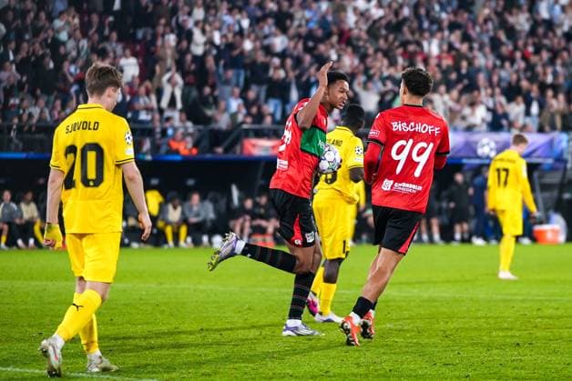 NIJMEGEN , 19-08-2026 , Stadium De Goffert , season 2026 2027 , UEFA Champions League play-offs 1st leg football , match between NEC Nijmegen and Bodo Glimt , picture shows goal celebration by NEC player Clement Bischoff NEC - Bodo Glimt  x205855802x Copyright: