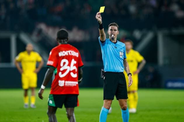 NIJMEGEN , 19-08-2026 , Stadium De Goffert , season 2026 2027 , UEFA Champions League play-offs 1st leg football , match between NEC Nijmegen and Bodo Glimt , picture shows yellow card for NEC player Jamiro Montero NEC - Bodo Glimt  x205855830x Copyright: