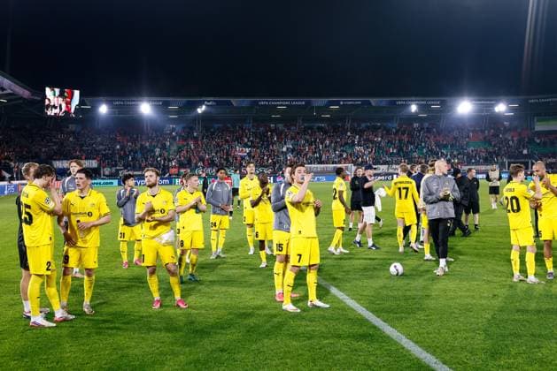 NIJMEGEN , 19-08-2026 , Stadium De Goffert , season 2026 2027 , UEFA Champions League play-offs 1st leg football , match between NEC Nijmegen and Bodo Glimt , picture shows Bodo Glimt players celebrating the victory after the match NEC - Bodo Glimt  x205856263x Copyright: