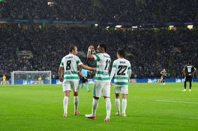 Camilo Duran celebrates with Benjamin Nygren & Mika Baur of Celtic after scoring to give Celtic a 2-0 lead. Celtic v LASK, UEFA Champions League, Play Off Round, First Leg, Football, Celtic Park, Glasgow, Scotland, UK - 19 Aug 2026Glasgow Celtic Park United Kingdom  Copyright: xStuartxWallace Shutterstockx 17104271di