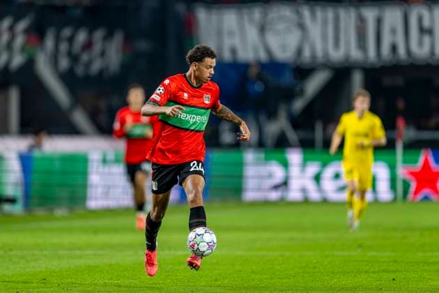 NIJMEGEN - N.E.C. Nijmegen verdediger Deveron Fonville tijdens de UEFA Champions League wedstrijd tussen N.E.C. en FC Bodo Glimt in Gofferpark op 19 augustus 2026 in Nijmegen, Nederland. - *** NIJMEGEN N E C Nijmegen defender Deveron Fonville during the UEFA Champions League match between N E C and FC Bodo Glimt at Gofferpark on August 19, 2026, in Nijmegen, the Netherlands