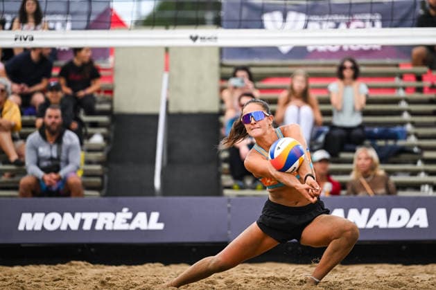 MONTREAL, QC - AUGUST 19: Sophia Neuss (GER) bumps the ball during a qualification match at Beach Pro Tour Montreal Elite 16 on August 19, 2026 at Parc Jean-Drapeau in Montreal, QC (Photo by David Kirouac Icon Sportswire) VOLLEYBALL: AUG 19 Beach Pro Tour Montreal Elite 16 EDITORIAL USE ONLY Icon26081905926