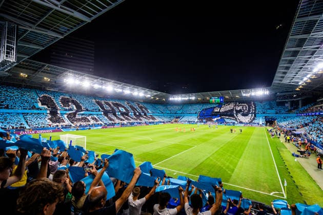 SLOVAN BRATISLAVA - CELJE Fans of Slovan during the first leg of play off round of UEFA Champions league football match between SK SLovan Bratislava and Celje at the Tehelne Pole Narodny futbalovy stadion. Bratislava, Slovakia, August 19, 2026. Copyright: xx _BRR8017